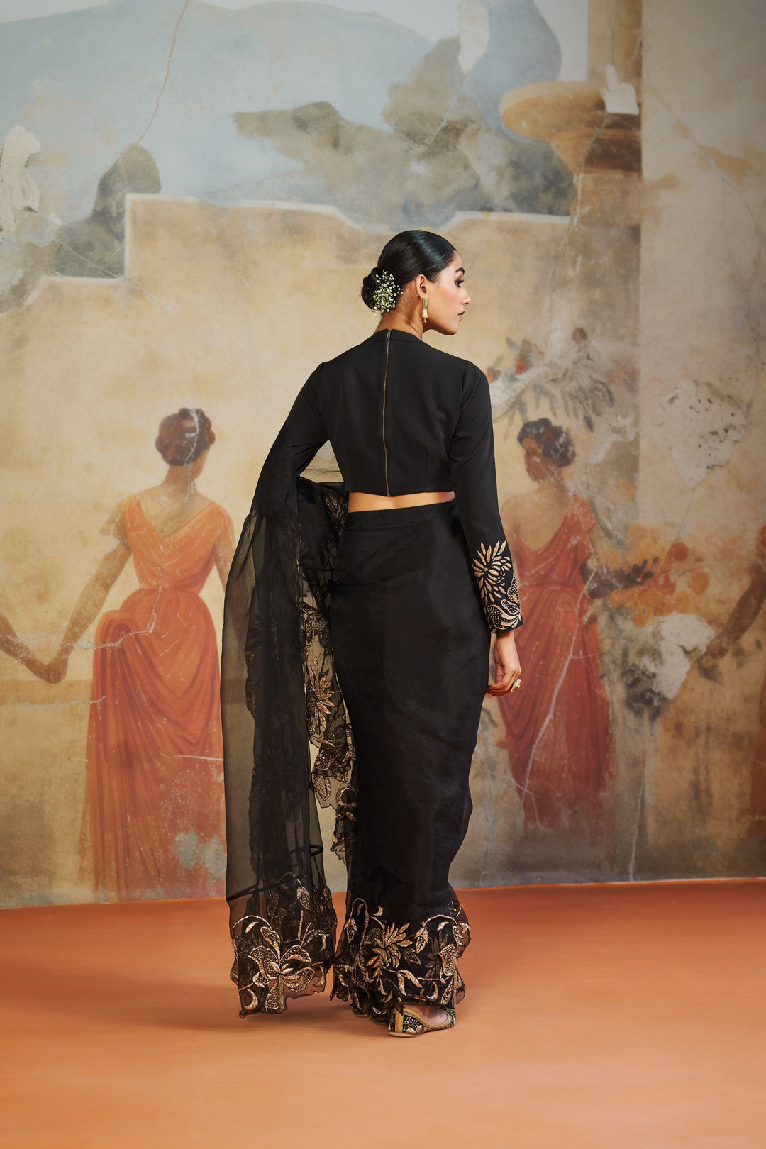 Black Ruffle Pre Draped Saree Set