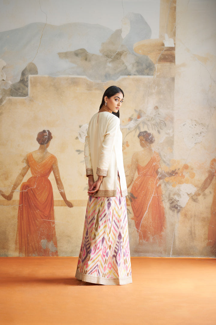 Ivory Jeweled Short Kurta Set In Peach Stones