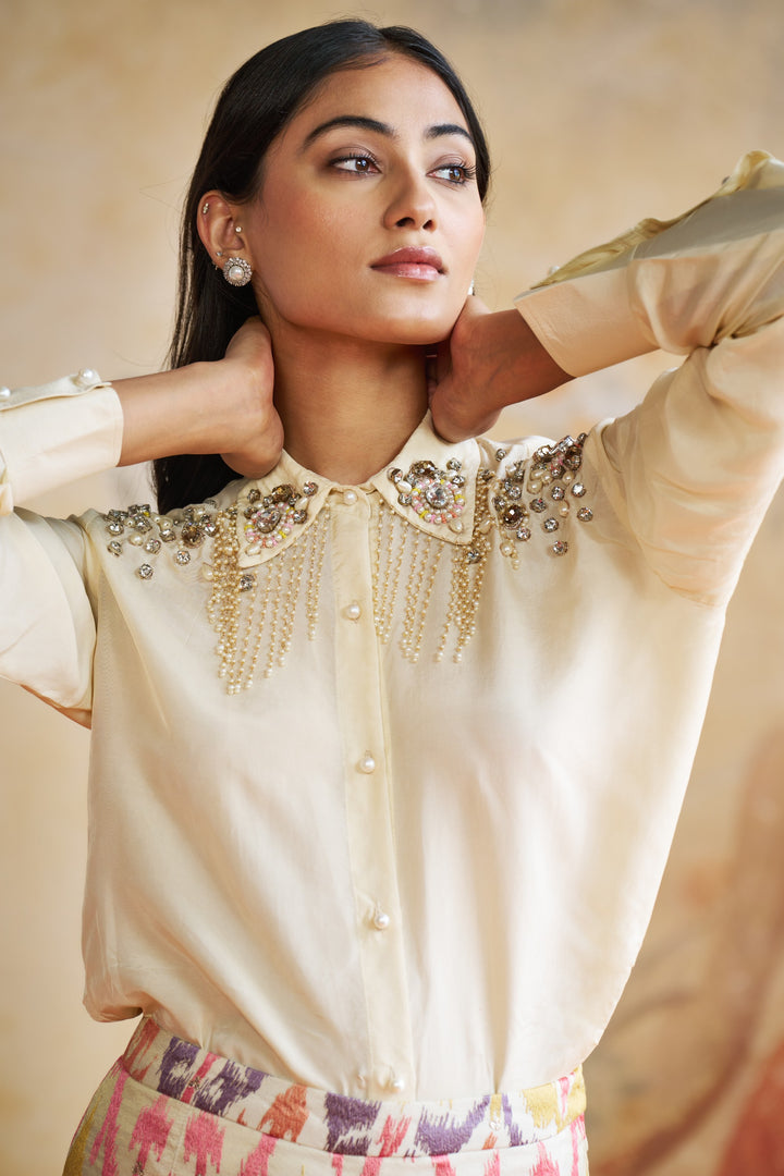 Ivory Jeweled Shirt Coord Set