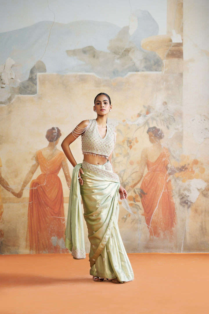 Mint Green Pearl Saree Set
