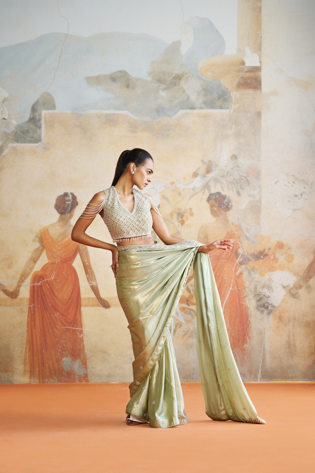 Mint Green Pearl Saree Set