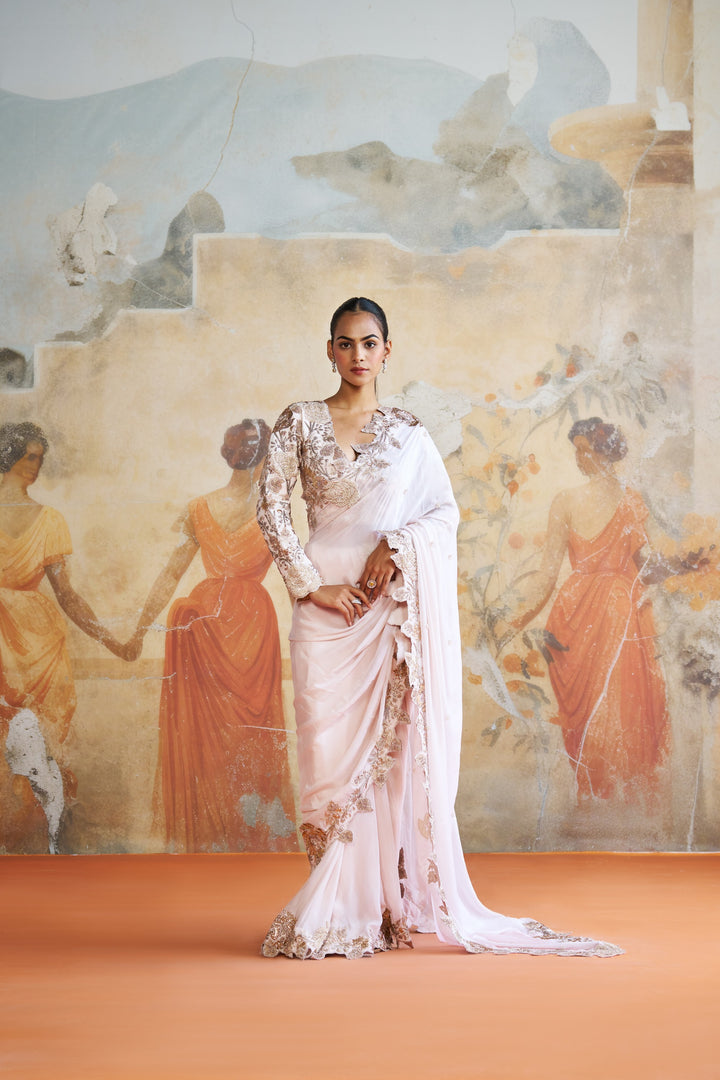 Rose Gold Embroidered Saree Set
