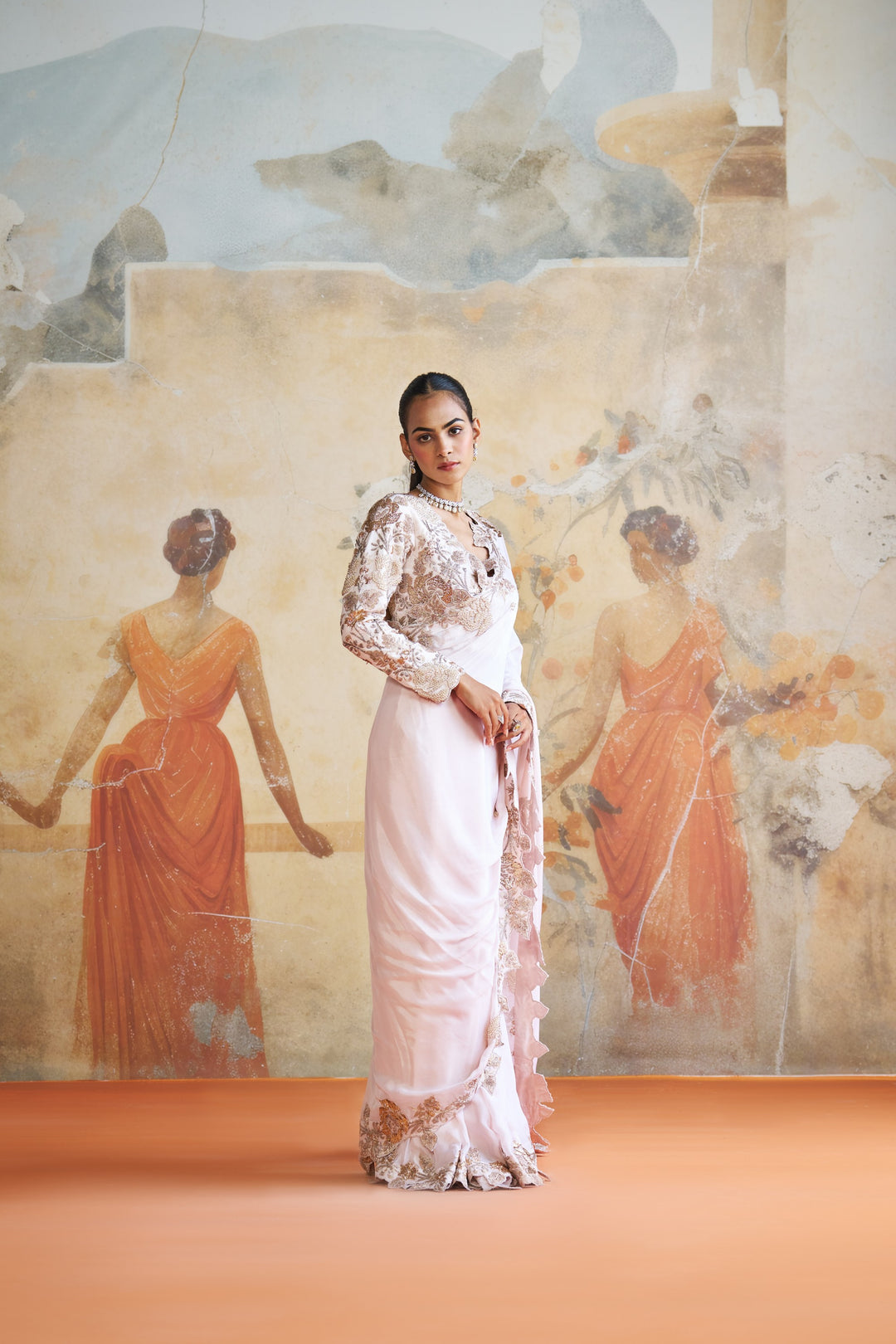 Rose Gold Embroidered Saree Set