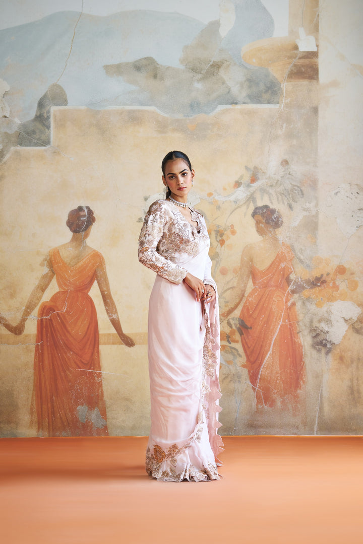 Rose Gold Embroidered Saree Set