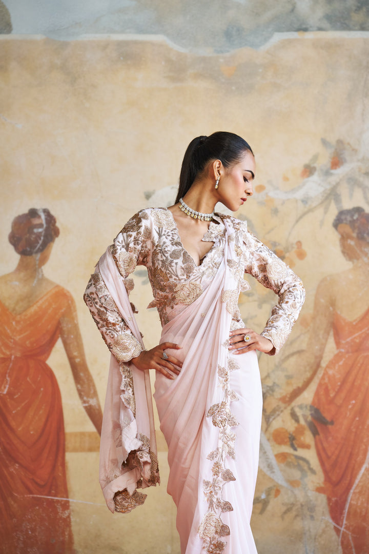 Rose Gold Embroidered Saree Set