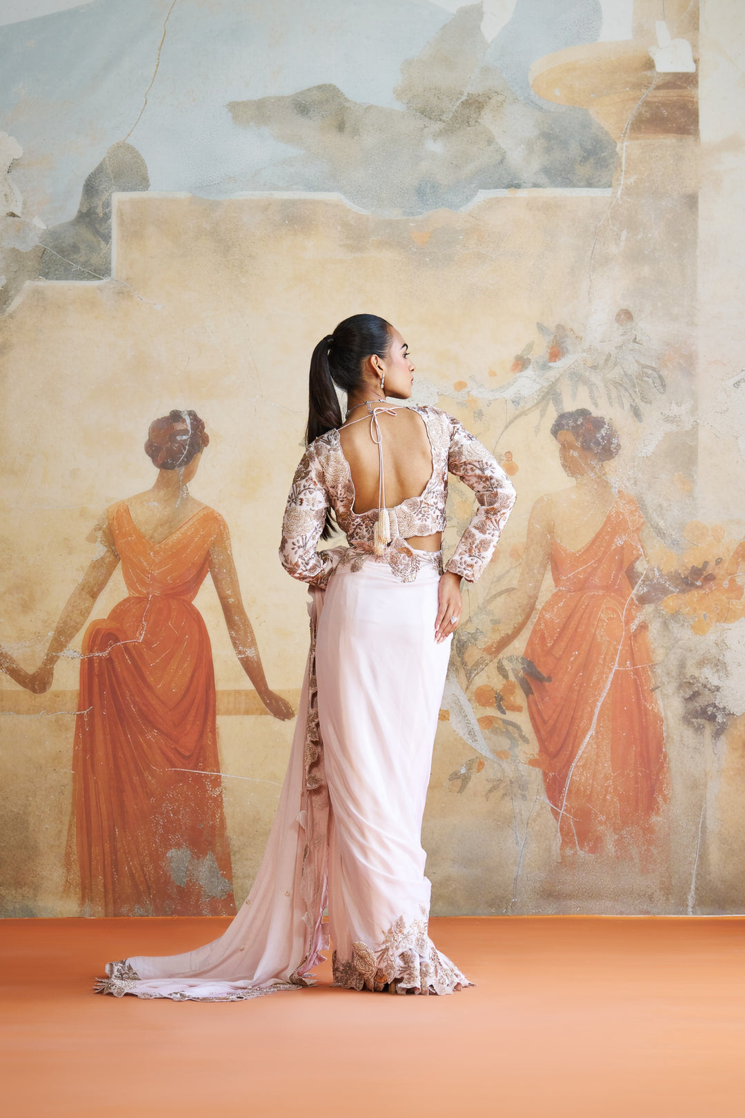 Rose Gold Embroidered Saree Set
