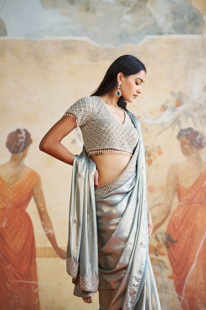 Pearl Grey Embroidered Saree Set