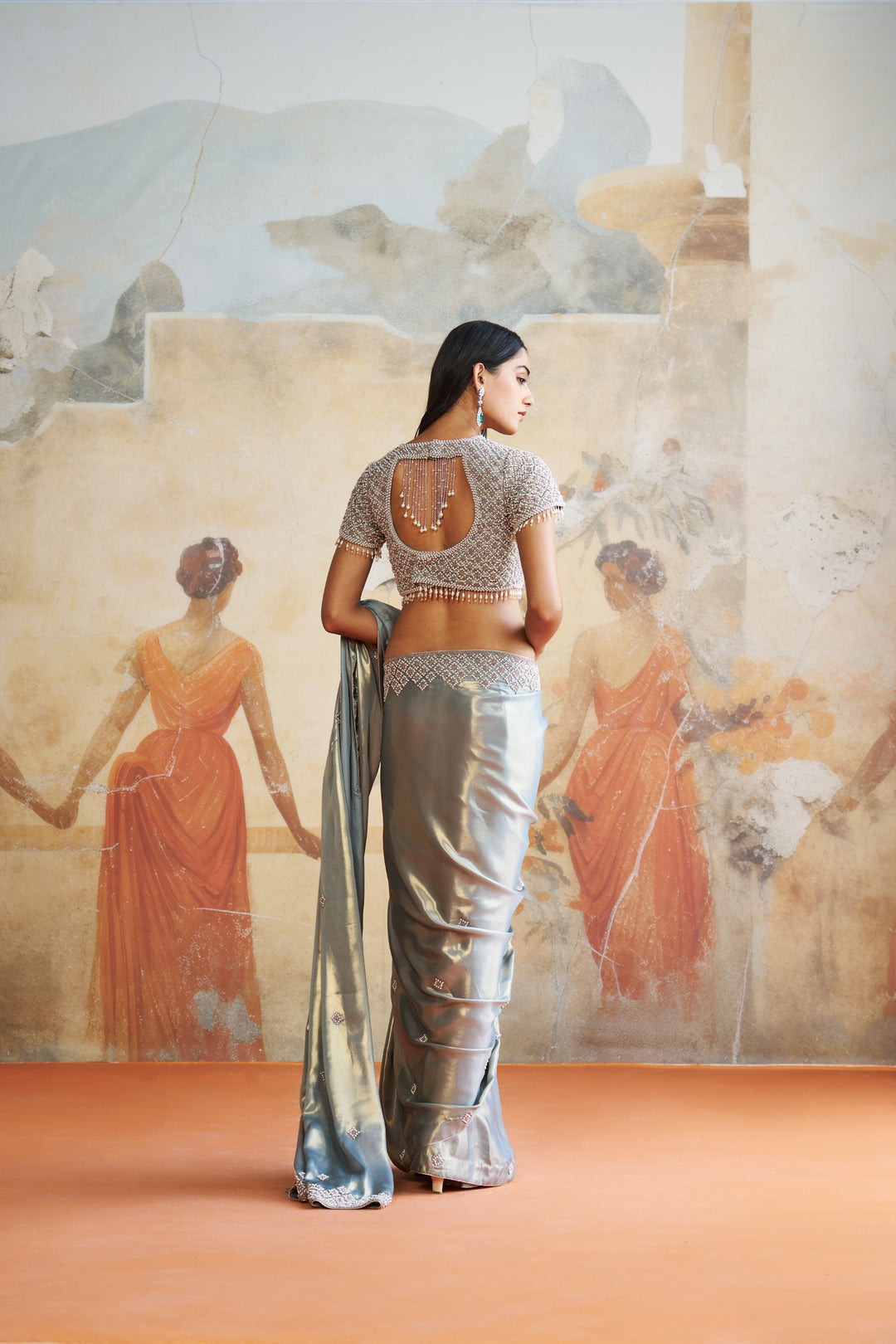 Pearl Grey Embroidered Saree Set