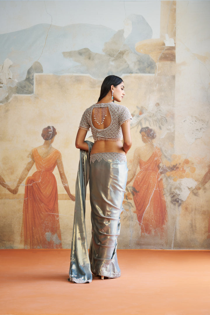 Pearl Grey Embroidered Saree Set