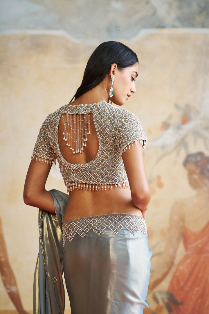 Pearl Grey Embroidered Saree Set