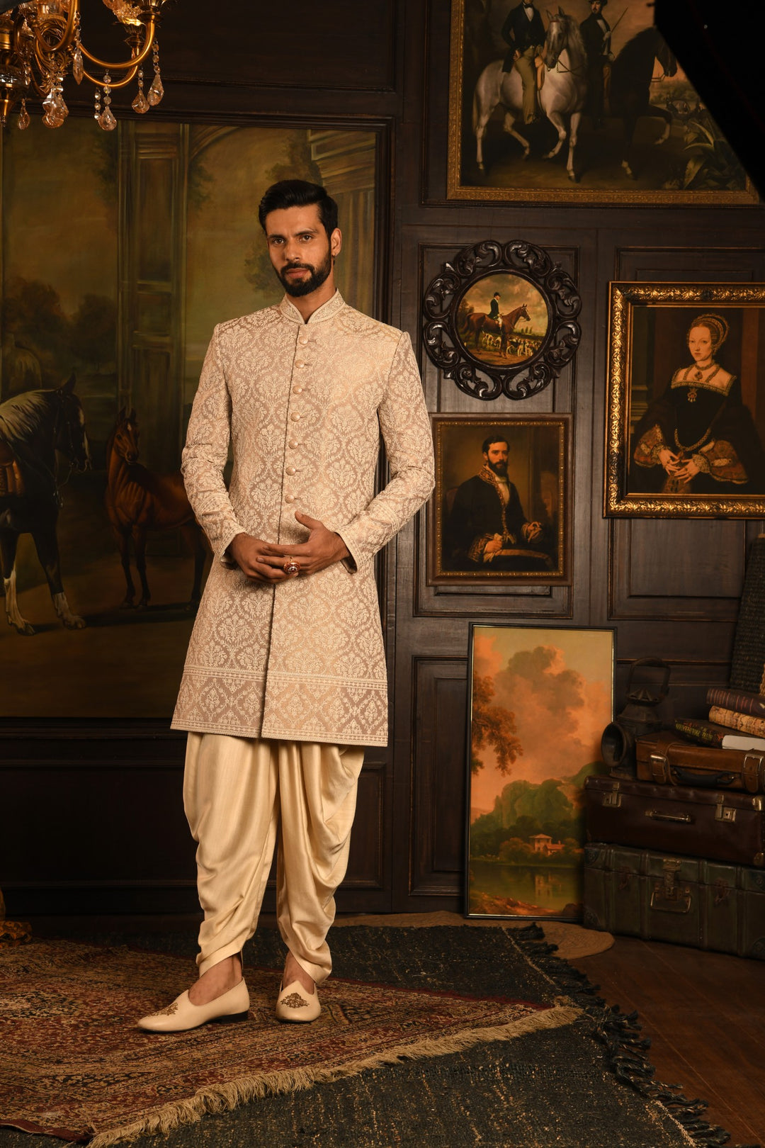 Mughal Tapestry: The Rose Gold Heirloom Sherwani Of Timeless Elegance