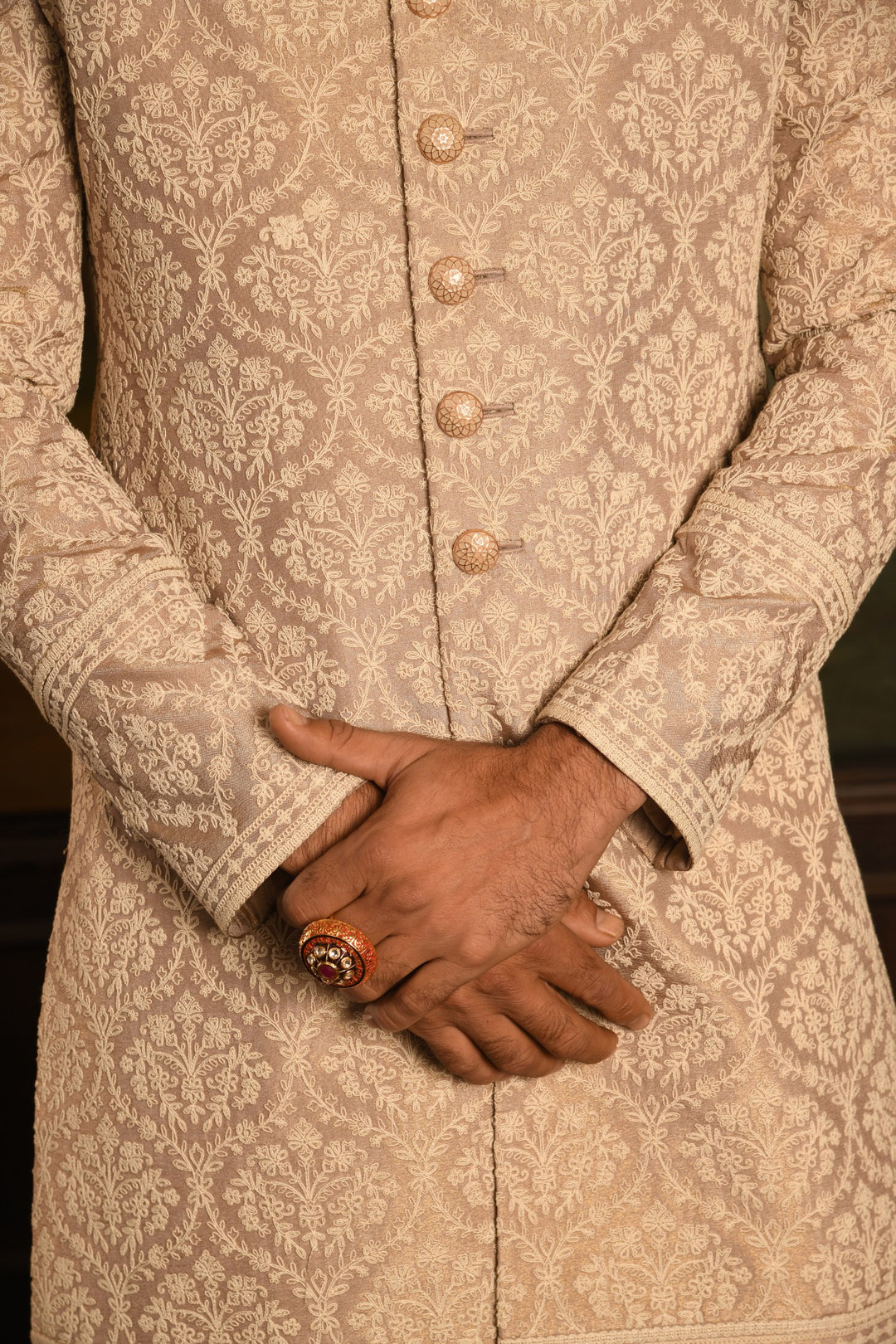 Mughal Tapestry: The Rose Gold Heirloom Sherwani Of Timeless Elegance