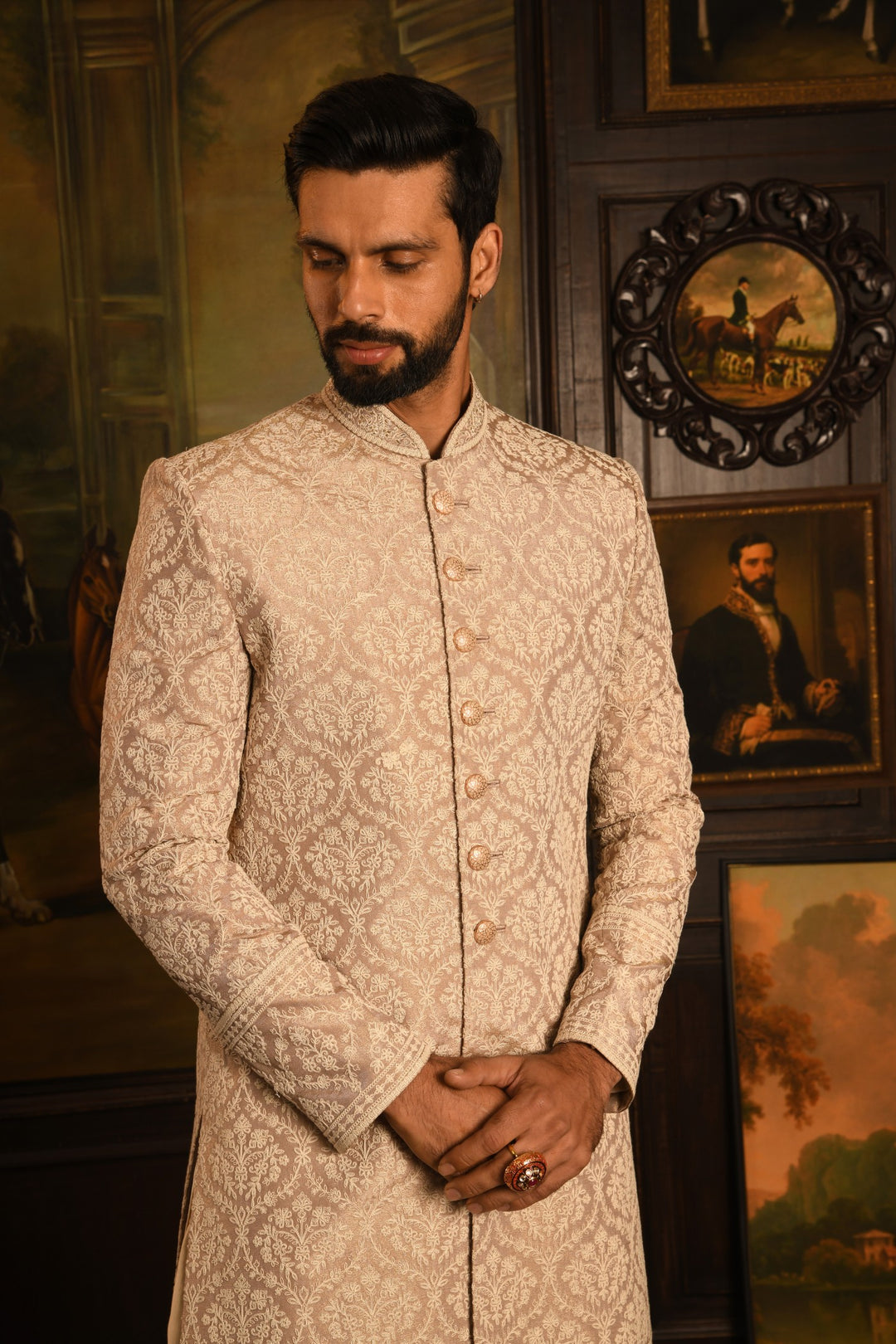 Mughal Tapestry: The Rose Gold Heirloom Sherwani Of Timeless Elegance
