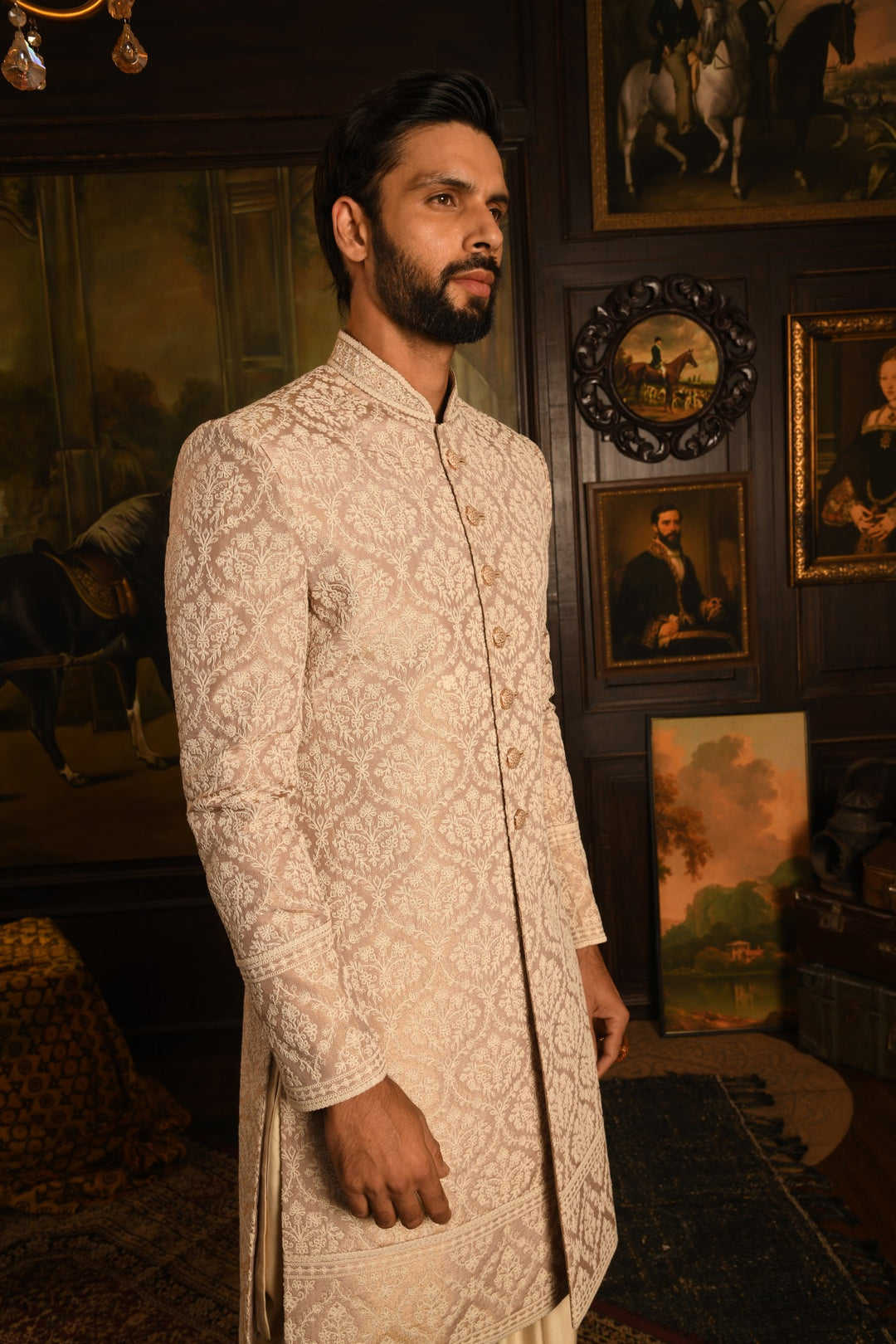 Mughal Tapestry: The Rose Gold Heirloom Sherwani Of Timeless Elegance