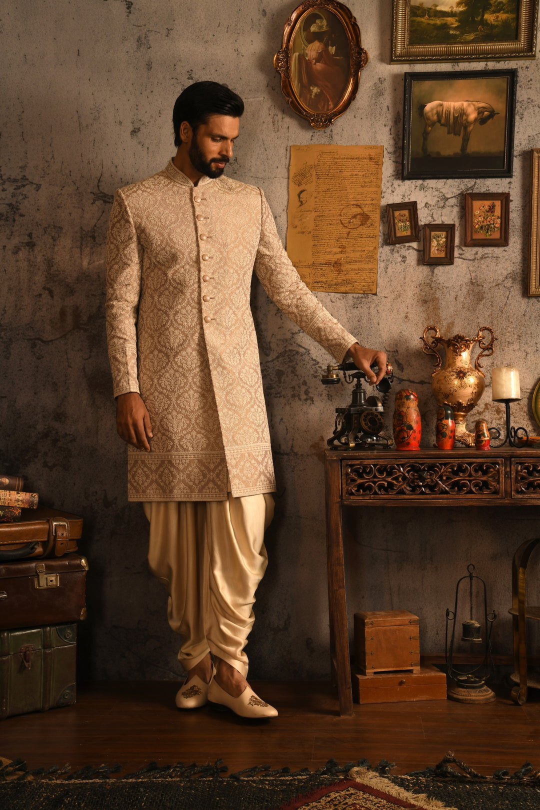 Mughal Tapestry: The Rose Gold Heirloom Sherwani Of Timeless Elegance