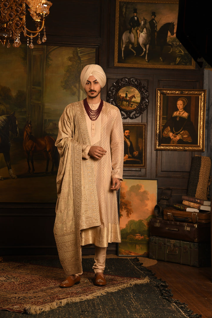 Gilded Stride Sherwani: A Modern Masterpiece In Light Gold