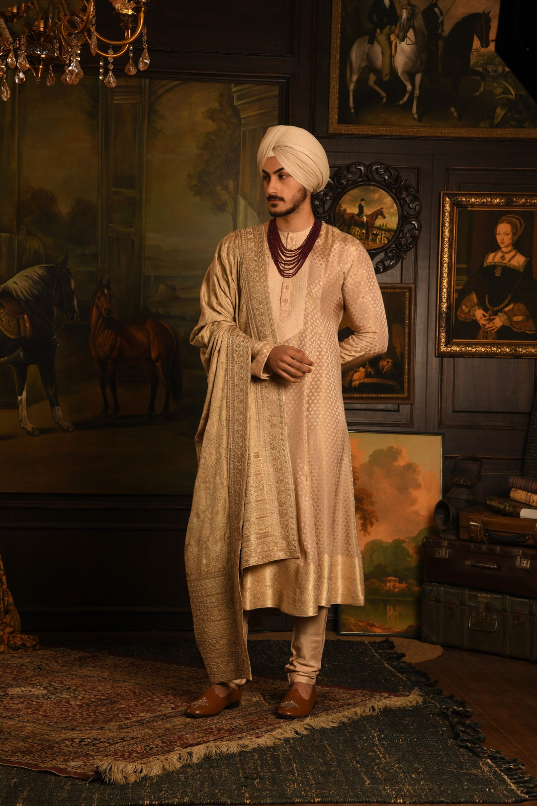 Gilded Stride Sherwani: A Modern Masterpiece In Light Gold