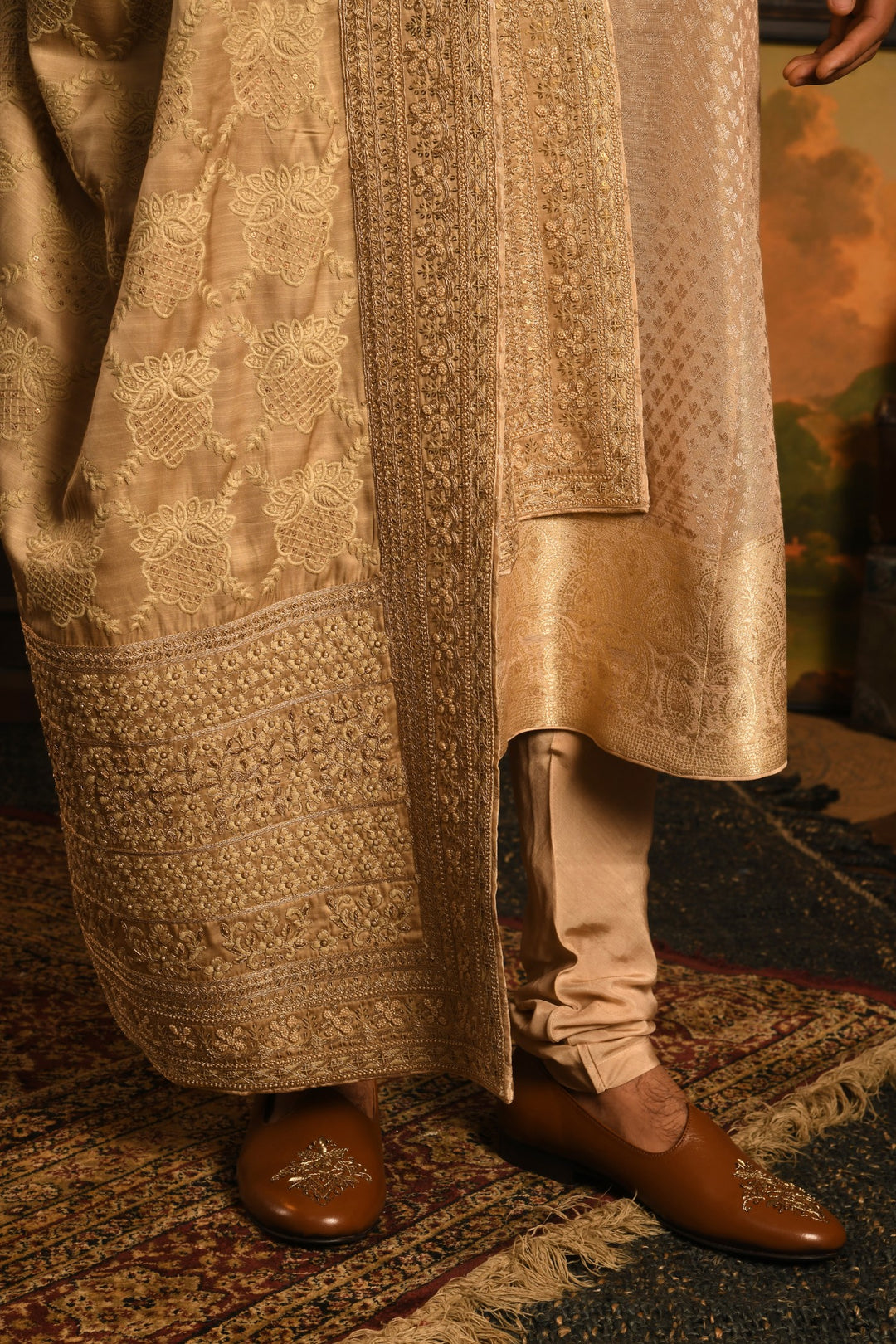 Gilded Stride Sherwani: A Modern Masterpiece In Light Gold
