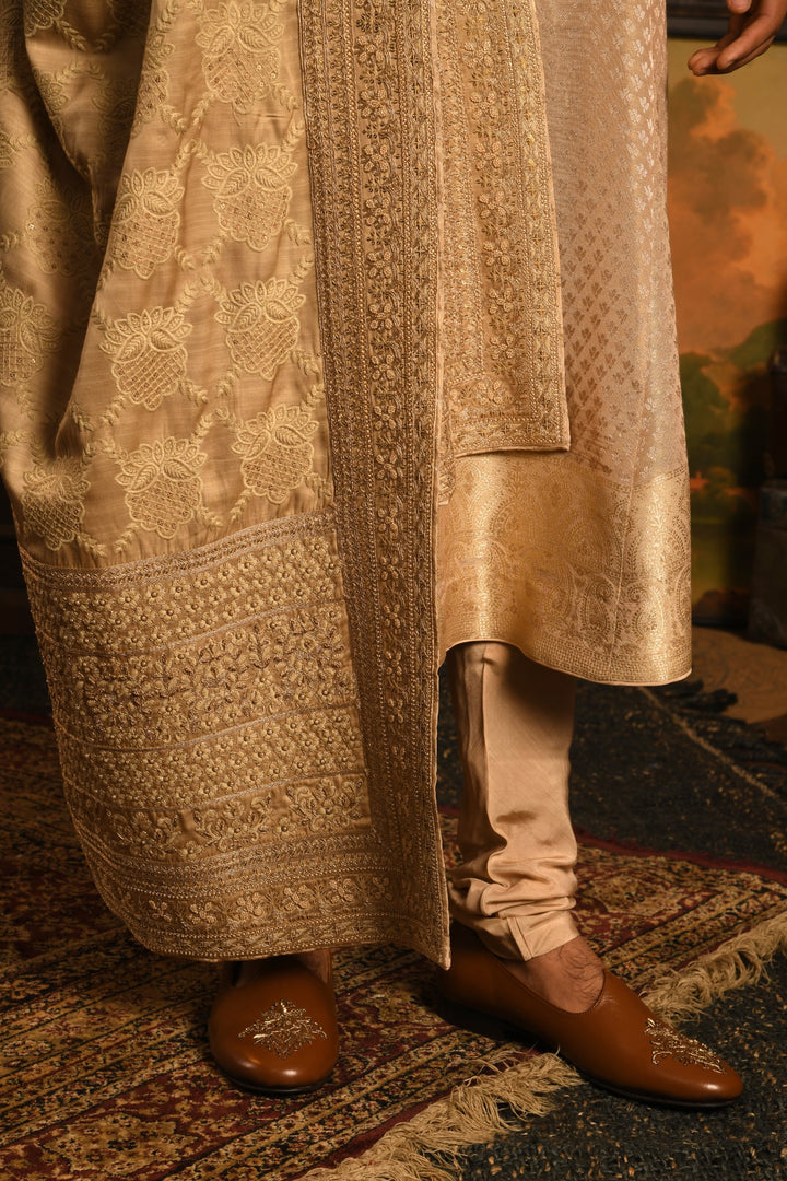 Gilded Stride Sherwani: A Modern Masterpiece In Light Gold