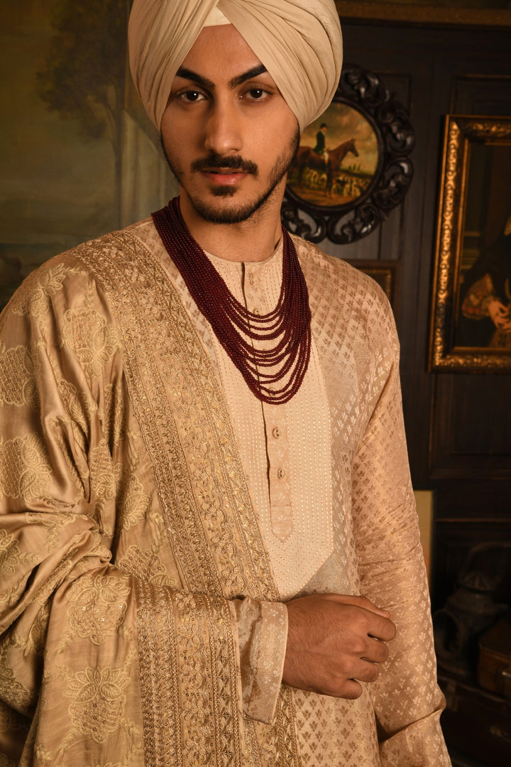 Gilded Stride Sherwani: A Modern Masterpiece In Light Gold