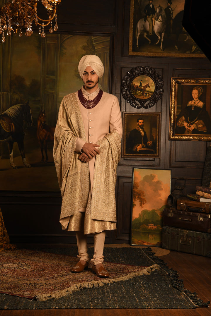 Gilded Stride Sherwani: A Modern Masterpiece In Light Gold