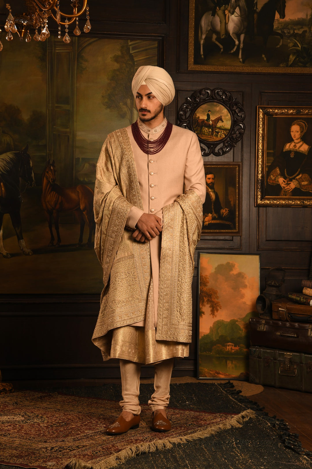 Gilded Stride Sherwani: A Modern Masterpiece In Light Gold