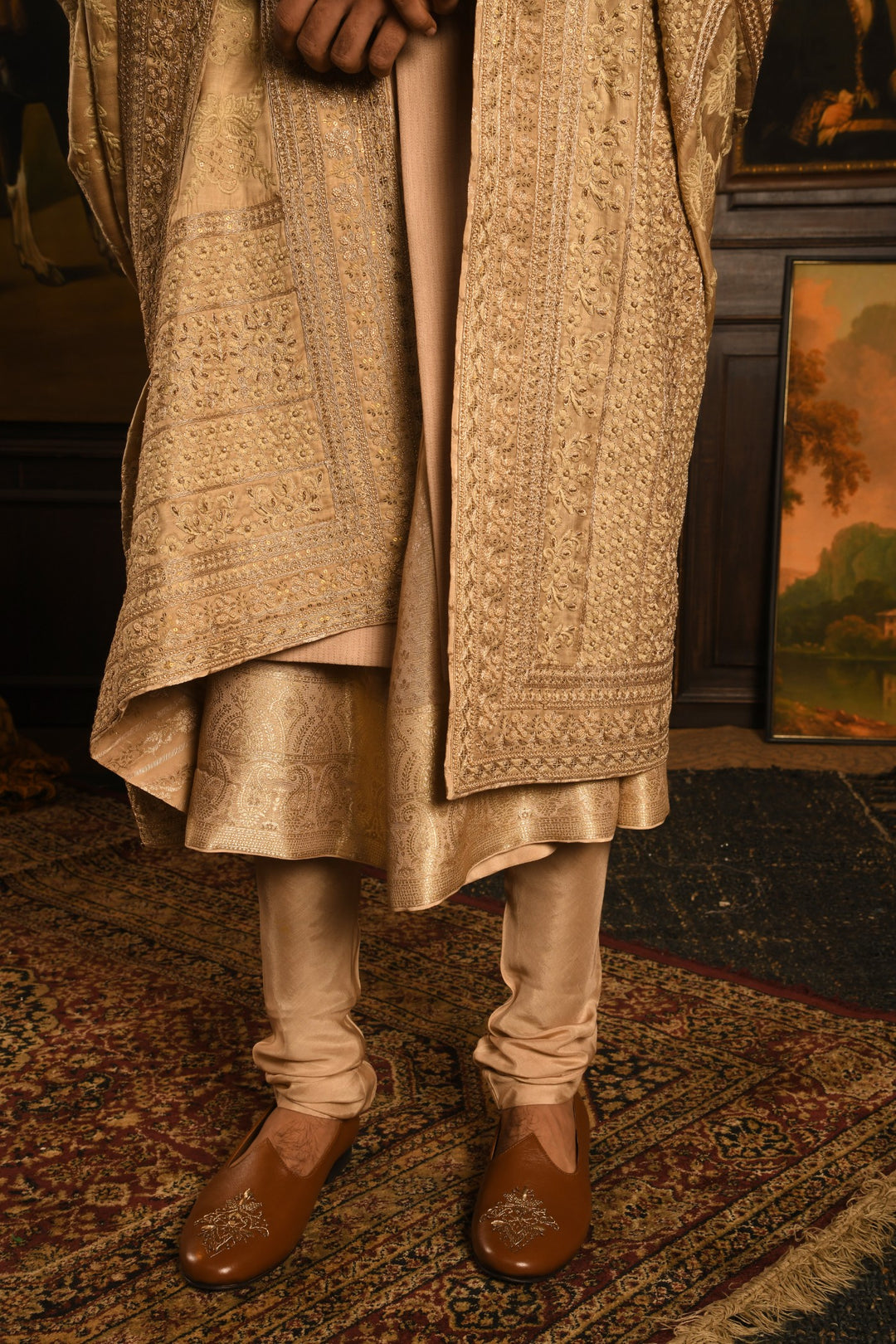 Gilded Stride Sherwani: A Modern Masterpiece In Light Gold