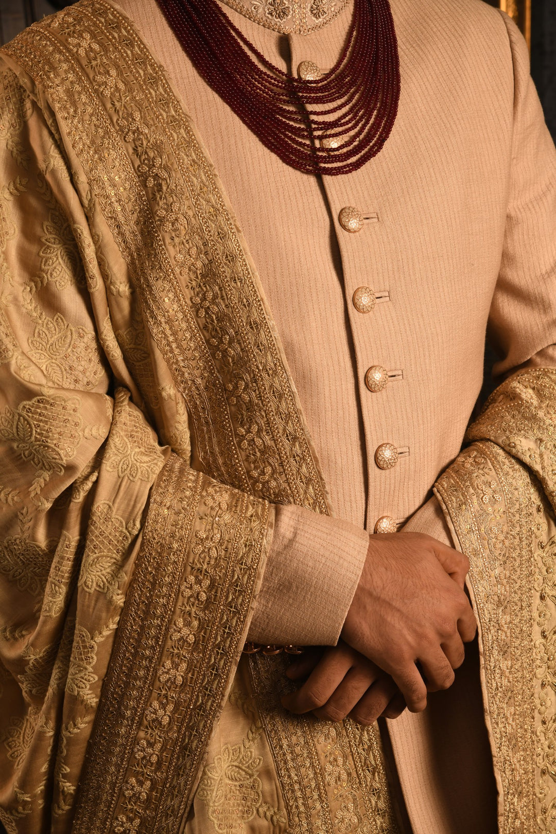 Gilded Stride Sherwani: A Modern Masterpiece In Light Gold