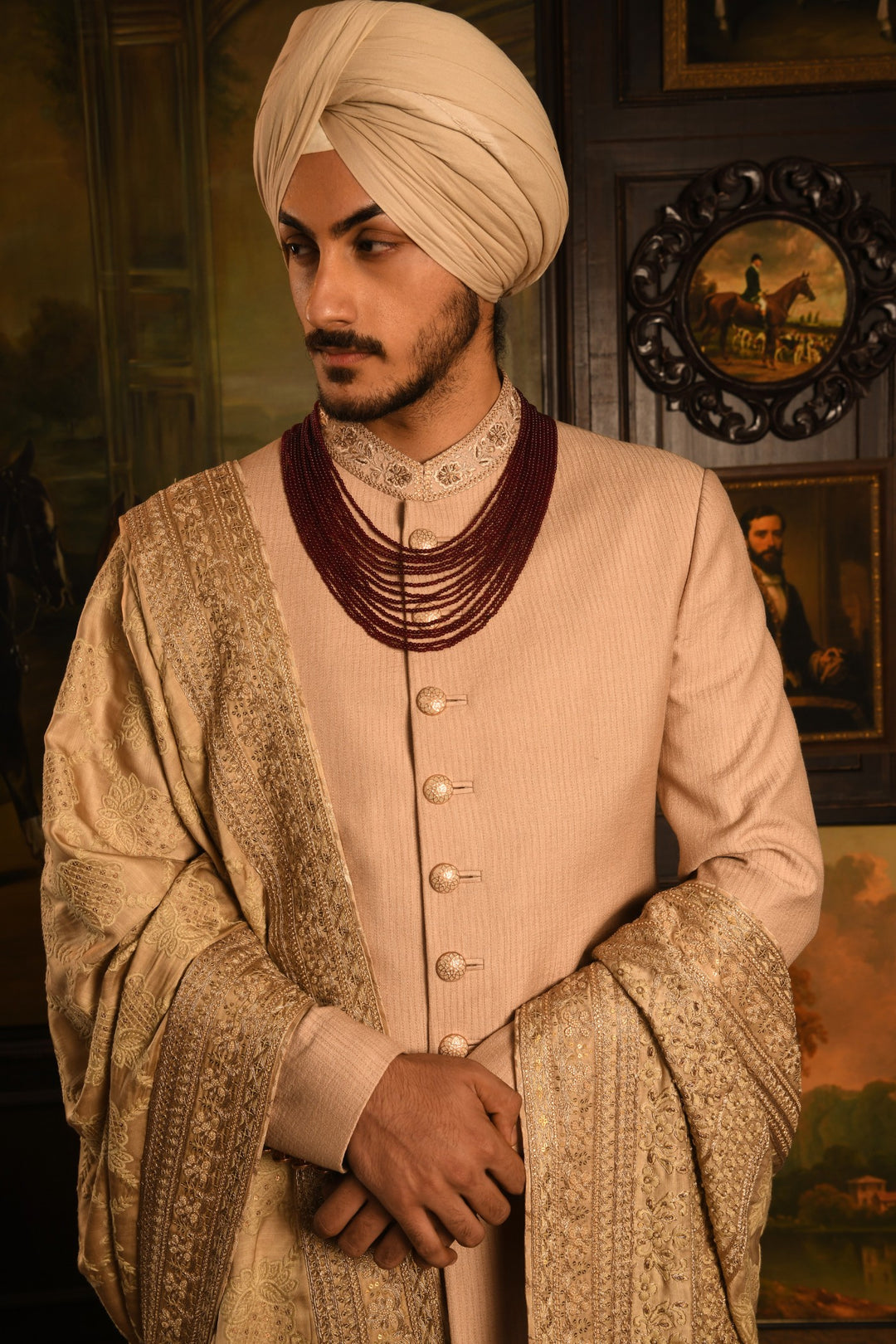 Gilded Stride Sherwani: A Modern Masterpiece In Light Gold