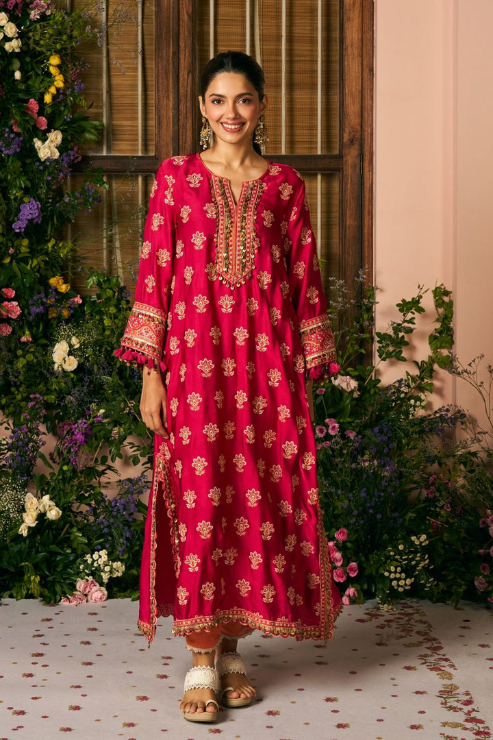 Chitra Cupro Satin Rani Pink Kaftan Set