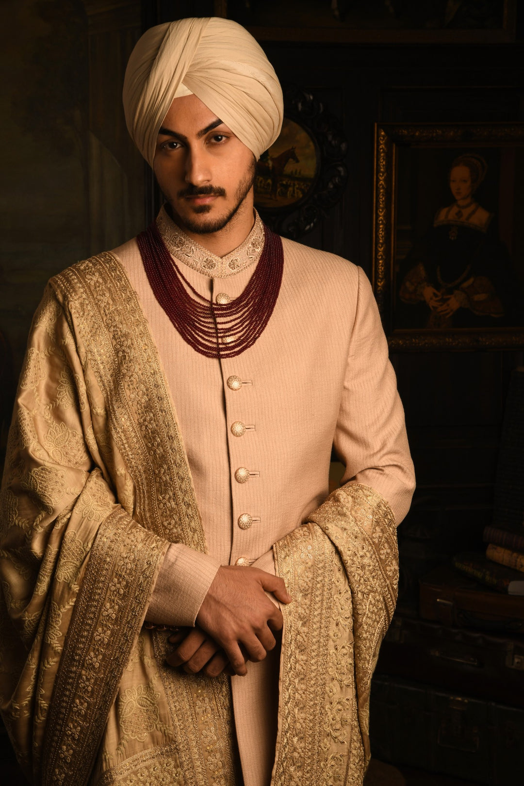 Gilded Stride Sherwani: A Modern Masterpiece In Light Gold