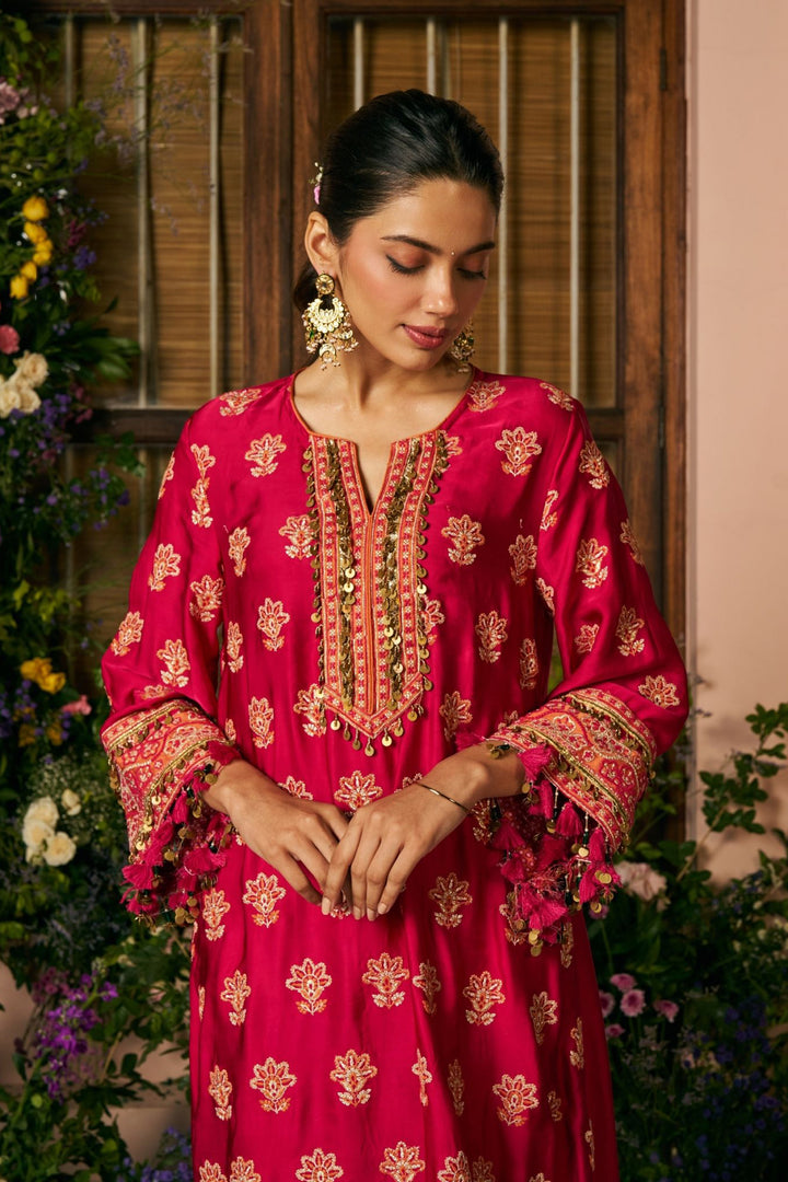 Chitra Cupro Satin Rani Pink Kaftan Set