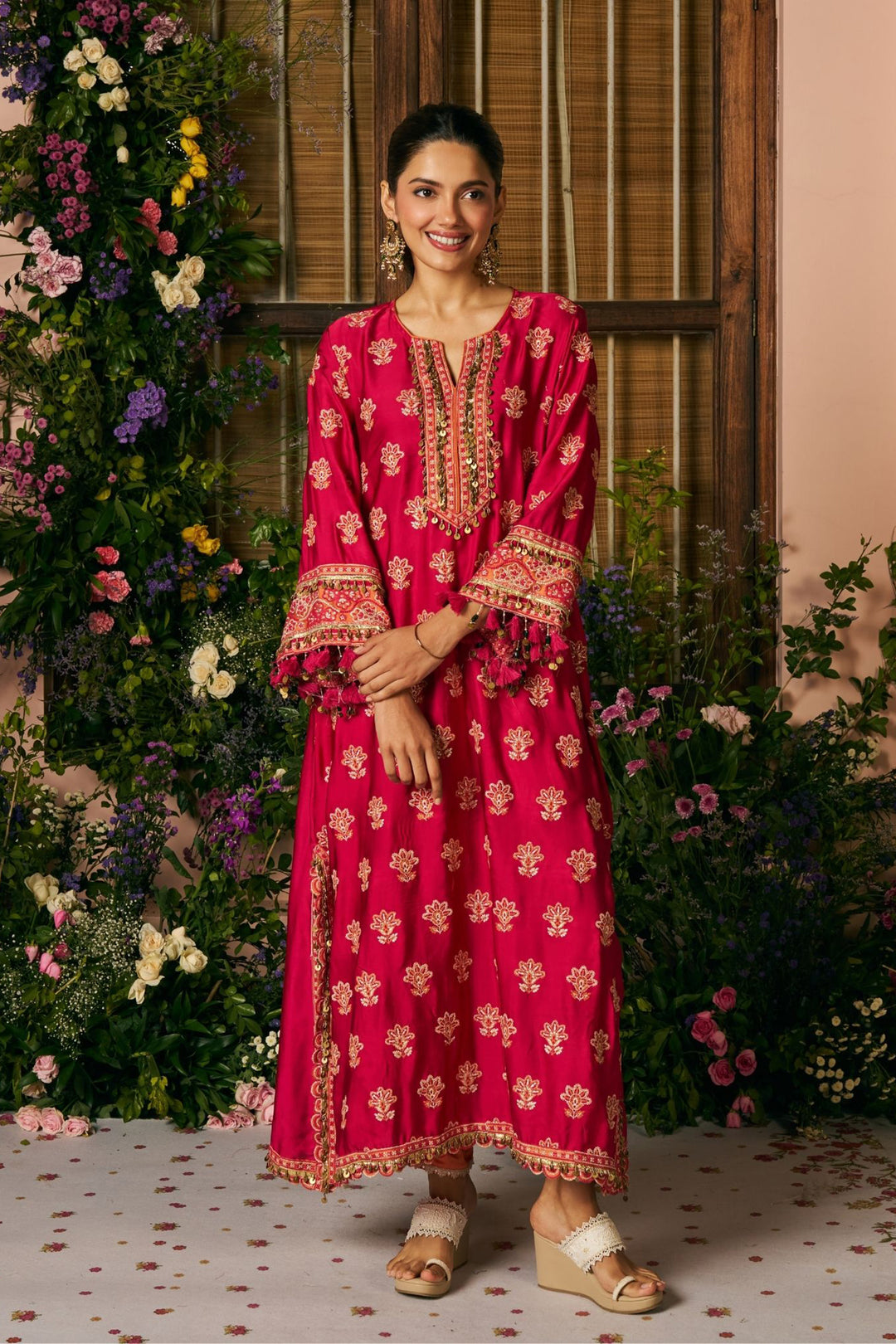 Chitra Cupro Satin Rani Pink Kaftan Set