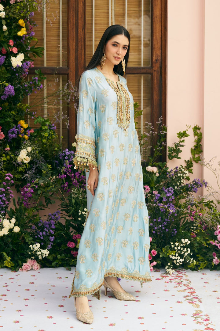 Chitra Cupro Satin Blue Kaftan Set