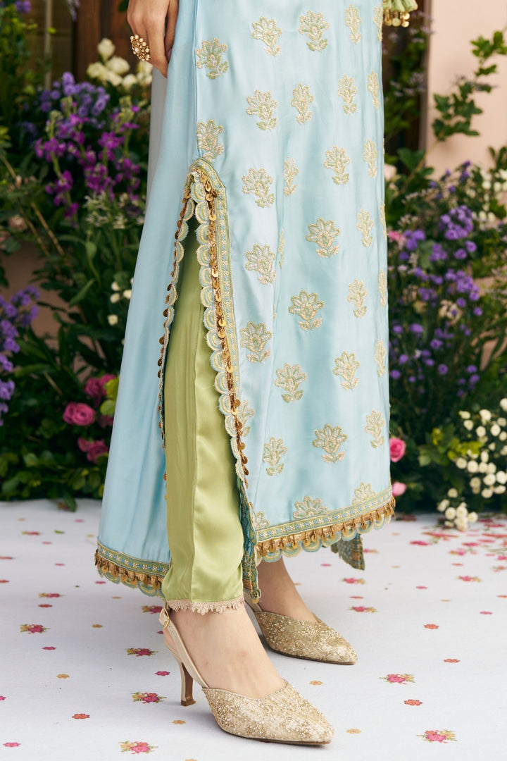 Chitra Cupro Satin Blue Kaftan Set