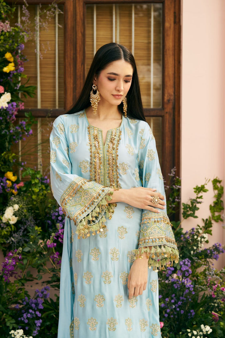 Chitra Cupro Satin Blue Kaftan Set