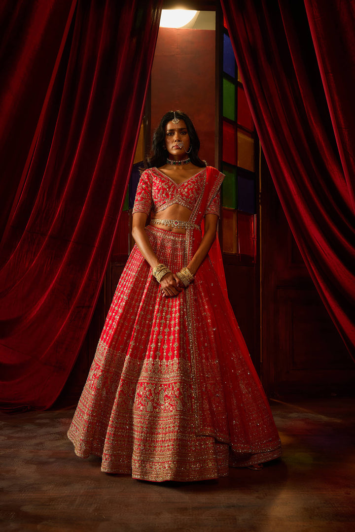 Rani Pink Raw Silk Hand & Machine Embroidered Lehenga Set