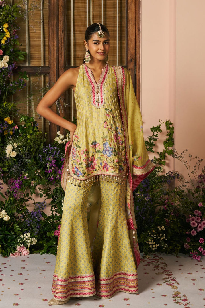 Chakori Linen Satin Lime Printed Kurta Set With Maitri Dupatta