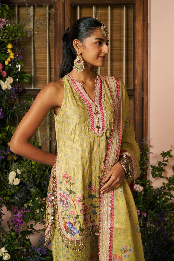 Chakori Linen Satin Lime Printed Kurta Set With Maitri Dupatta