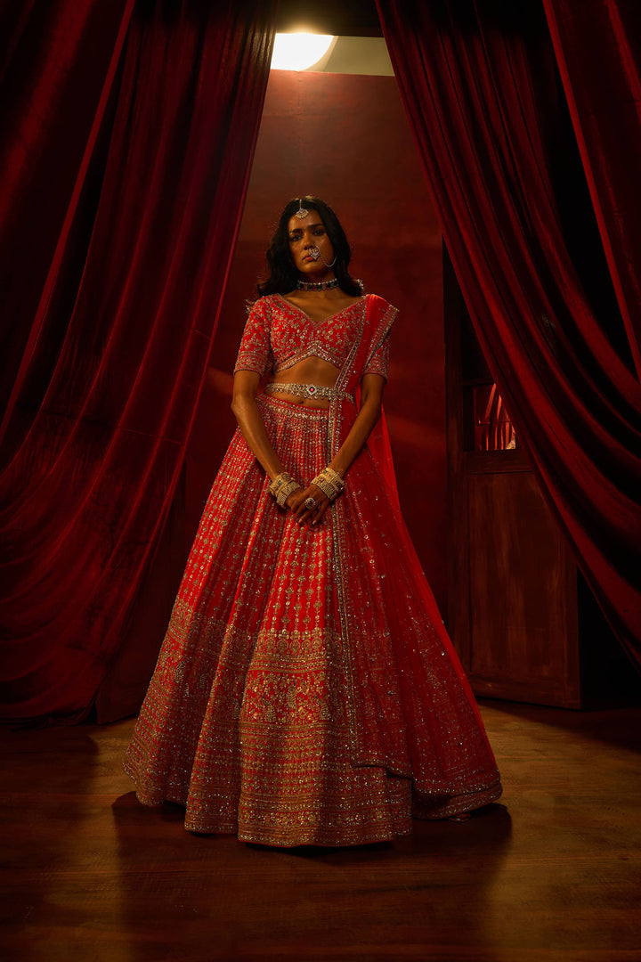 Rani Pink Raw Silk Hand & Machine Embroidered Lehenga Set