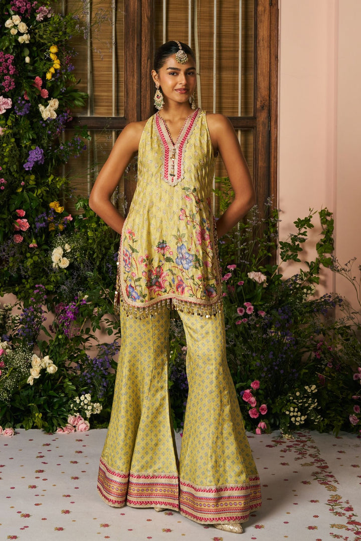 Chakori Linen Satin Lime Printed Kurta Set