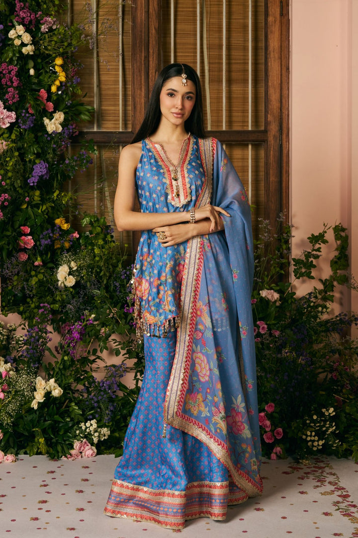 Chakori Linen Satin Steel Blue Printed Kurta Set With Maitri Dupatta