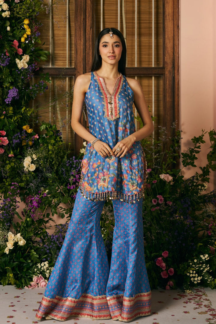 Chakori Linen Satin Steel Blue Printed Kurta Set With Maitri Dupatta