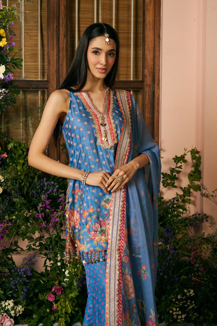 Chakori Linen Satin Steel Blue Printed Kurta Set With Maitri Dupatta