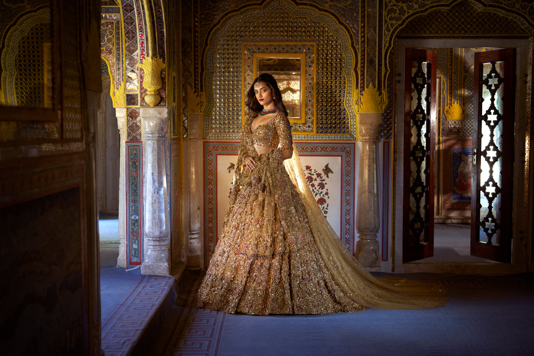 Gold Three-Dimensional Jewel Lehenga Set