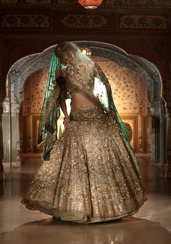 Champagne Zardozi Lehenga Set