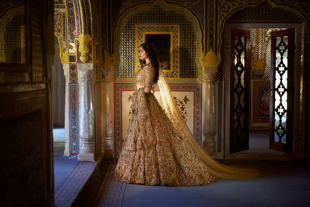 Gold Three-Dimensional Jewel Lehenga Set