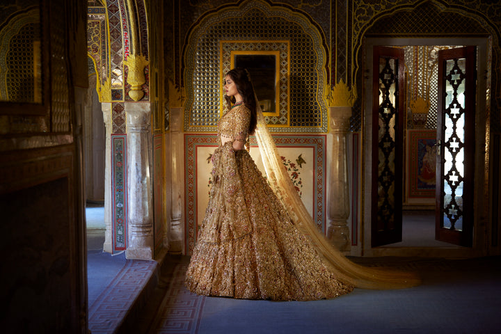 Gold Three-Dimensional Jewel Lehenga Set