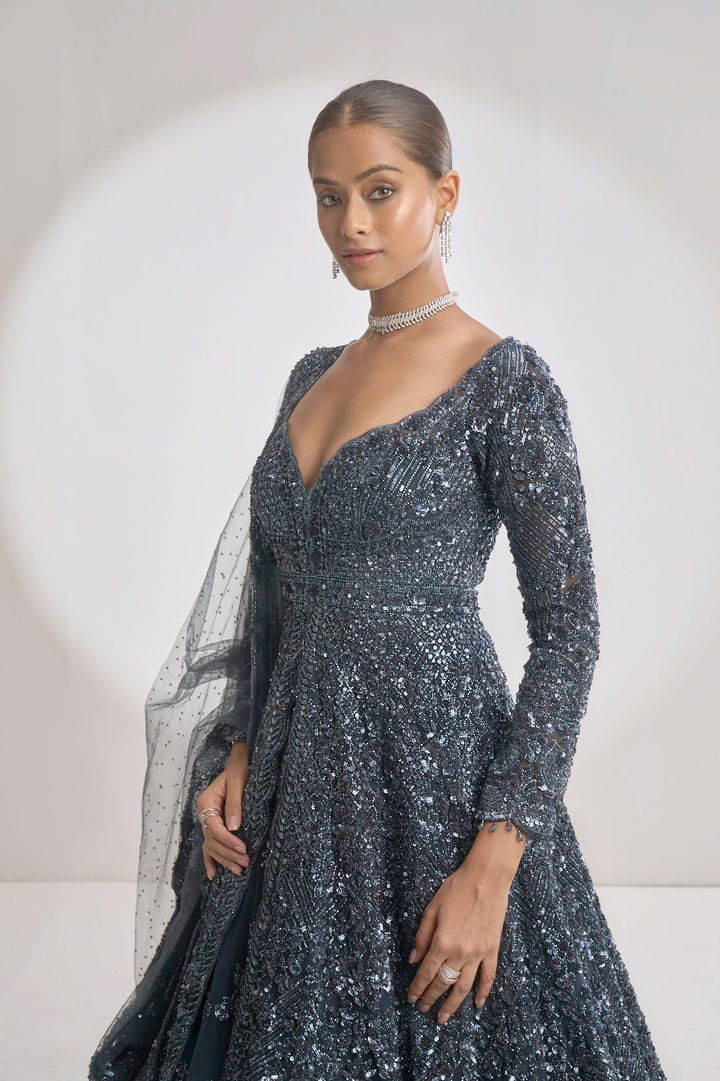 Charcoal Grey Jacket Lehenga Set