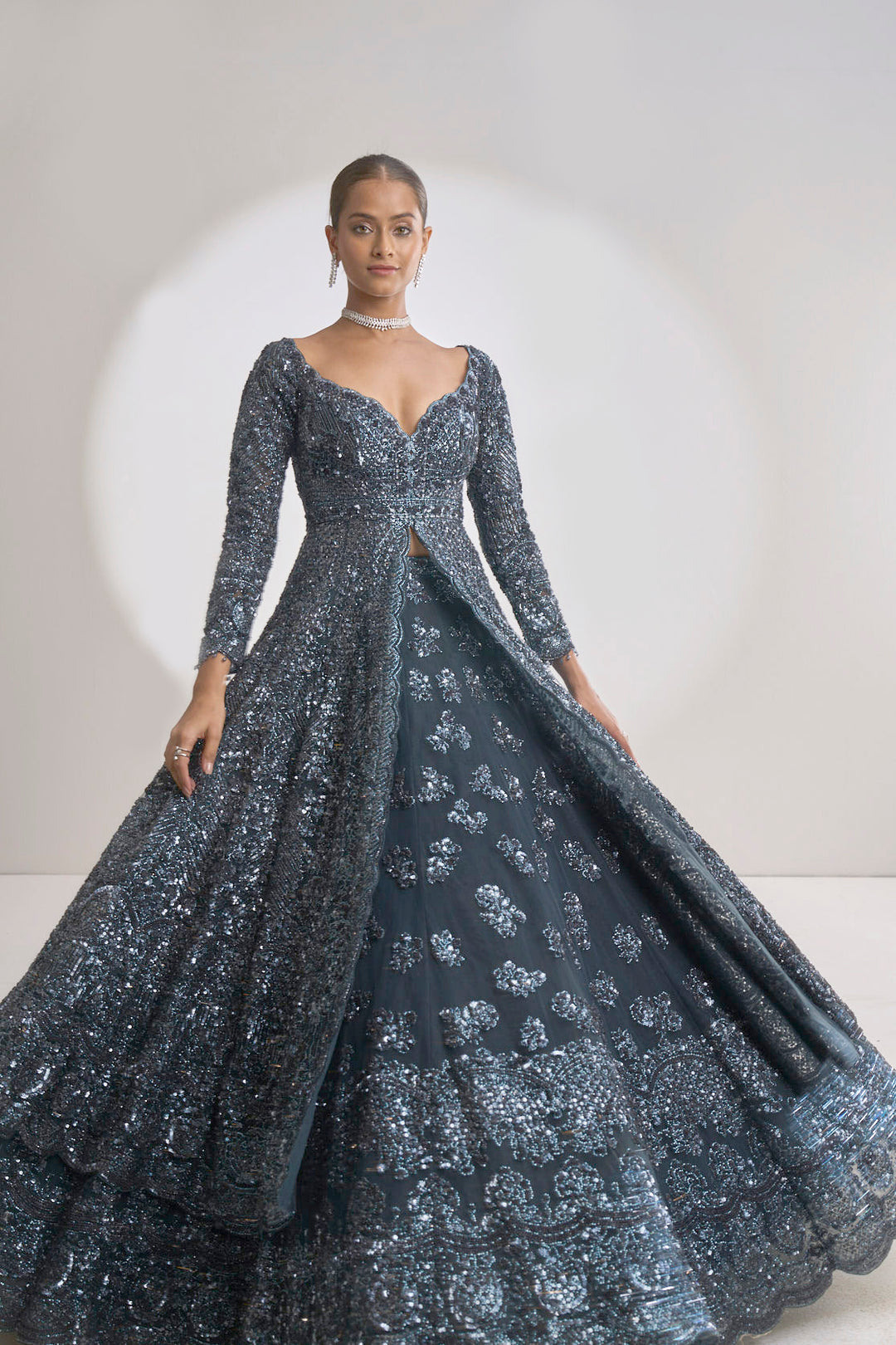 Charcoal Grey Jacket Lehenga Set